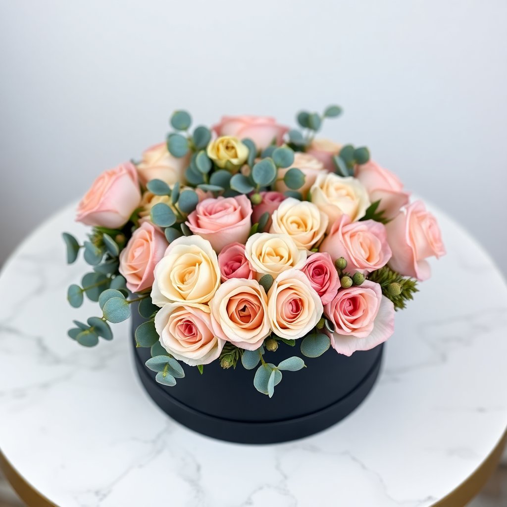 A beautiful flower box with pastel roses and eucalyptus, placed on a marble table, professional product photography, soft lighting, 8k.