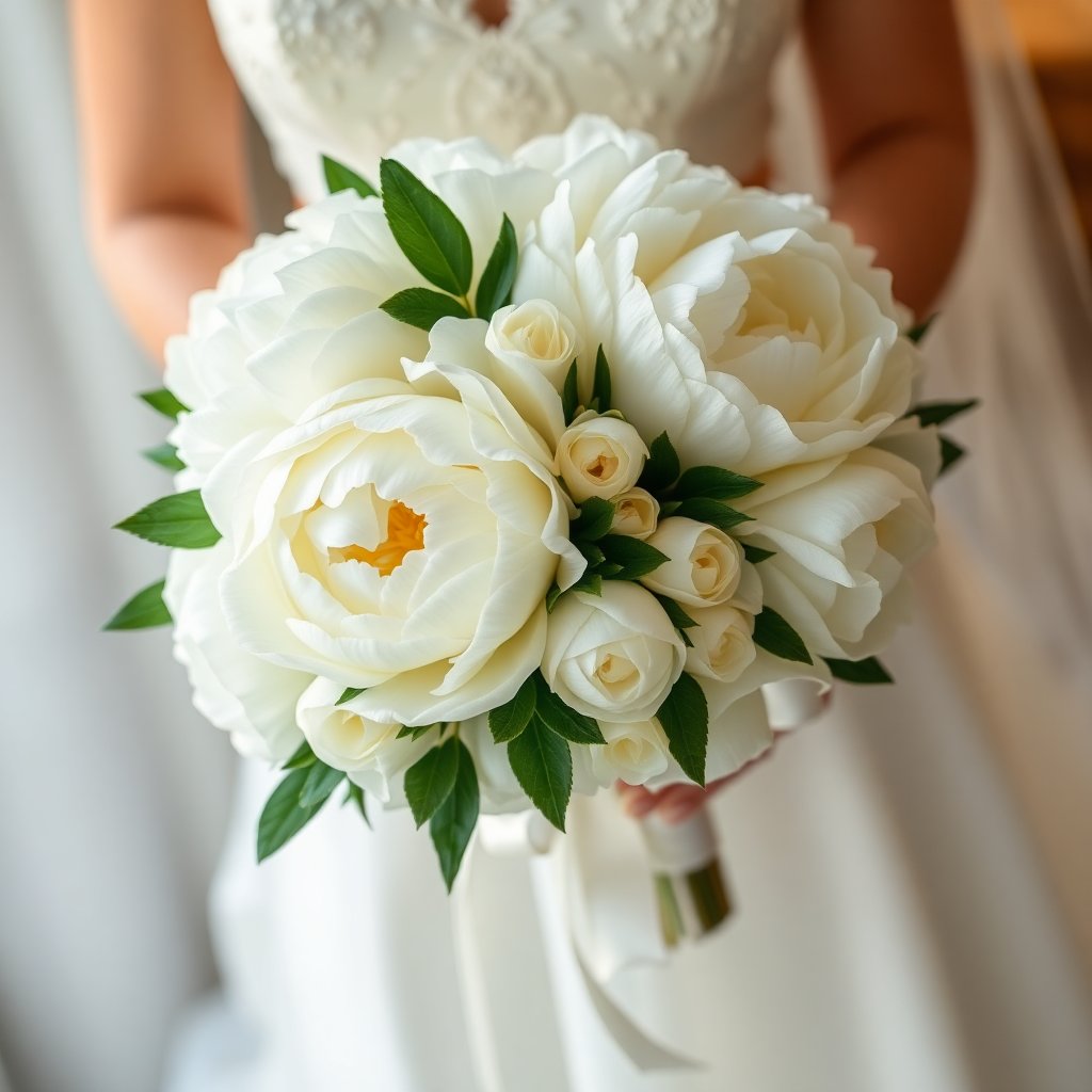Beautiful bridal bouquet with white peonies and silk ribbons, close up, soft natural light, romantic wedding atmosphere