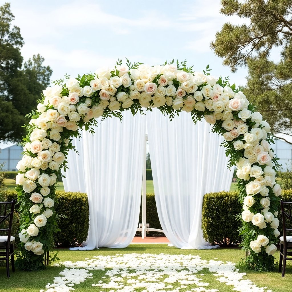 Wedding ceremony floral arch with white and blush roses, outdoor garden setting, elegant decor
