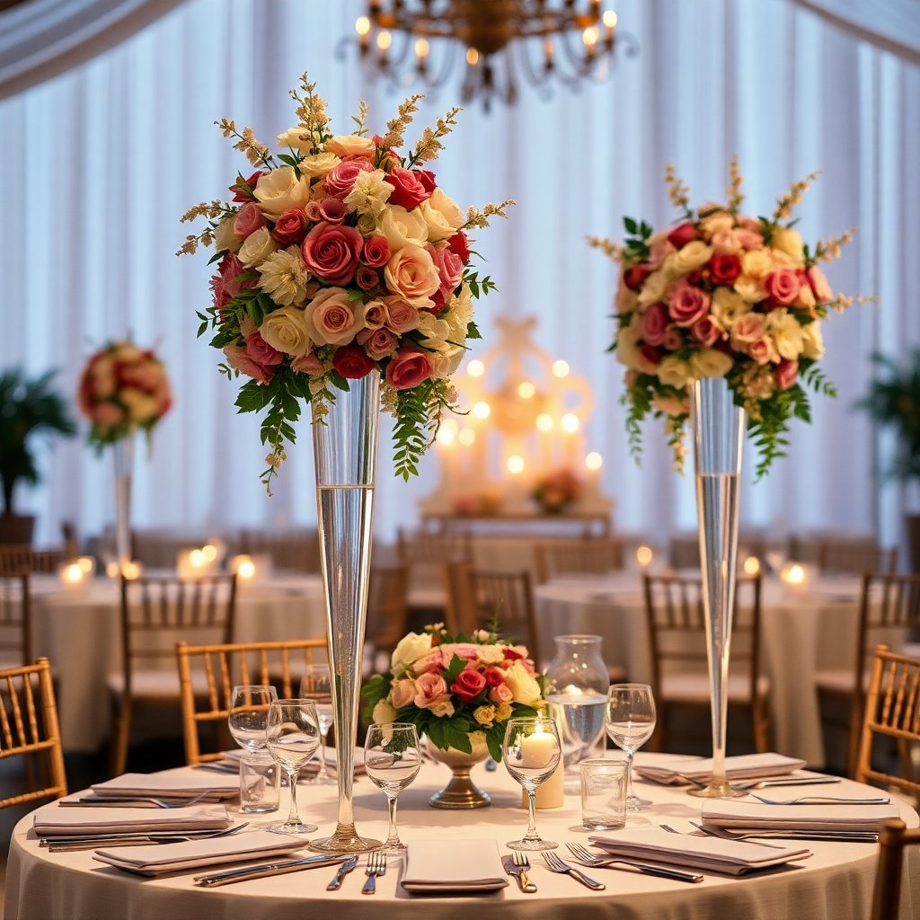 Elegant wedding table setting with tall floral centerpieces, candles, and fine china, romantic dinner