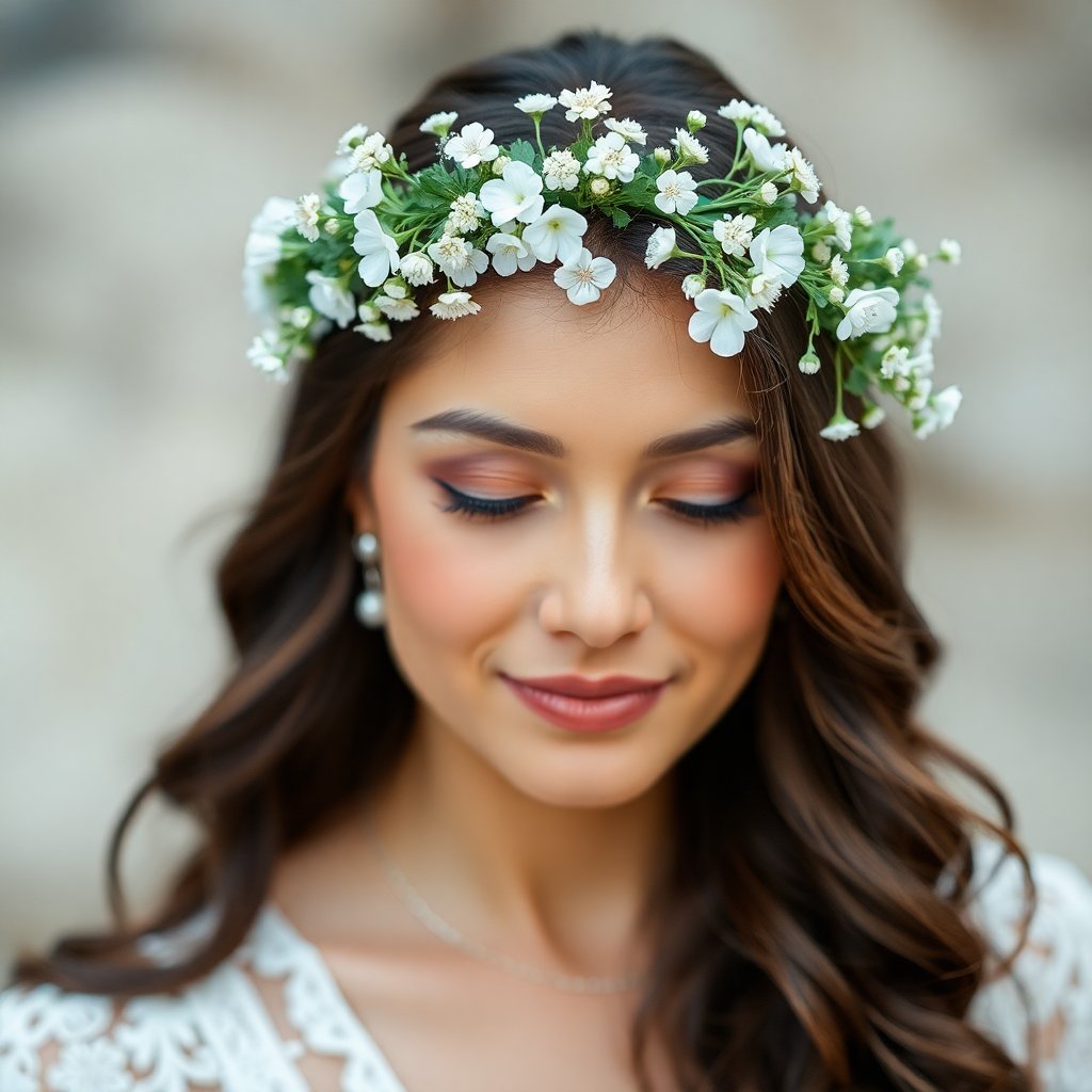 Delicate flower crown for a bride, boho style, white small flowers and greenery, soft focus
