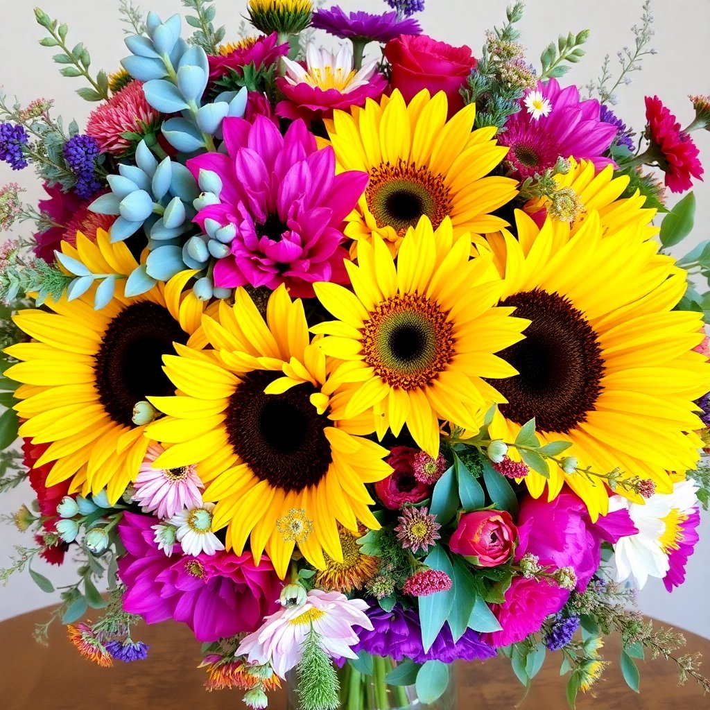Large colorful seasonal bouquet with sunflowers, eucalyptus and wildflowers, rustic style