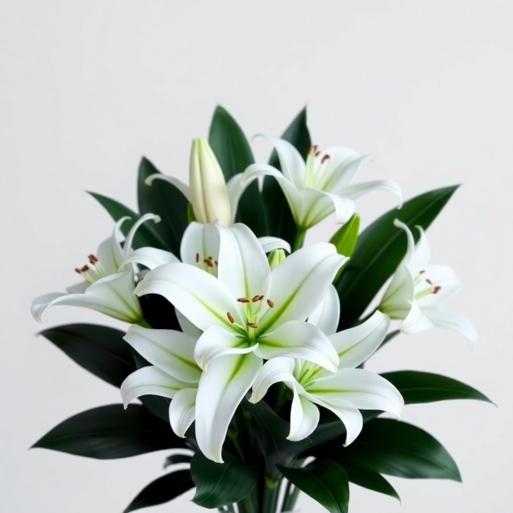 Modern minimalist bouquet with white lilies and dark green leaves, stylish arrangement