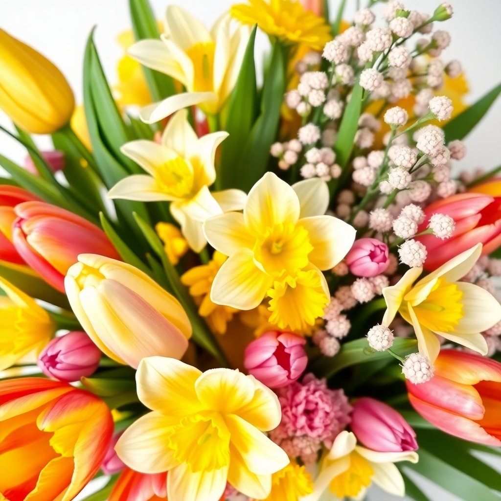 Spring bouquet with tulips, daffodils and mimosa, bright and cheerful colors