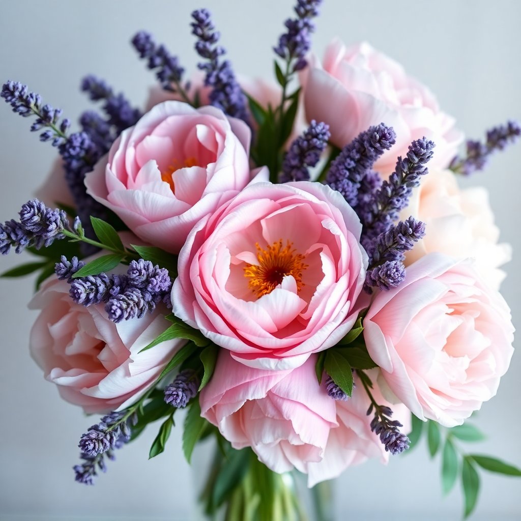 Romantic bouquet with peonies and lavender, aromatic and vintage style