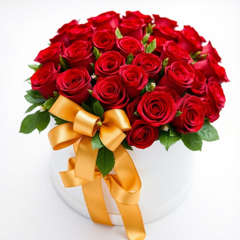 Luxury flower box with red roses and gold ribbon, elegant white box, high-end florist style