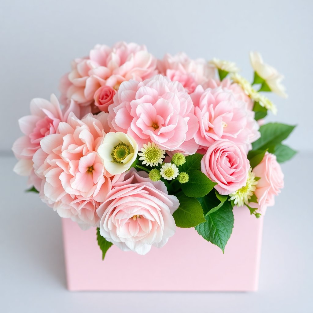 Pastel pink flower box with hydrangeas and ranunculus, feminine and soft aesthetic
