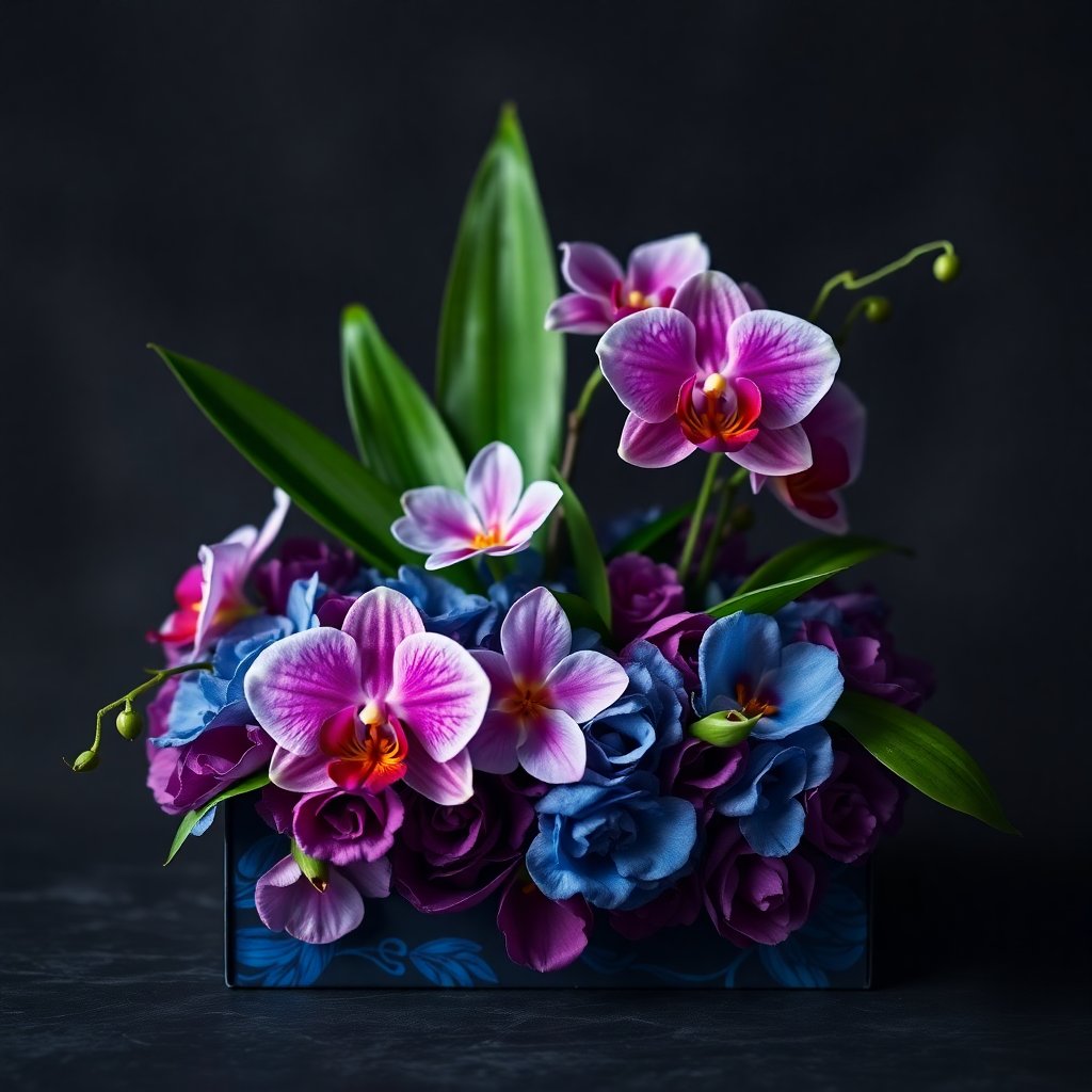 Deep purple and blue flower box with orchids, exotic and mysterious look