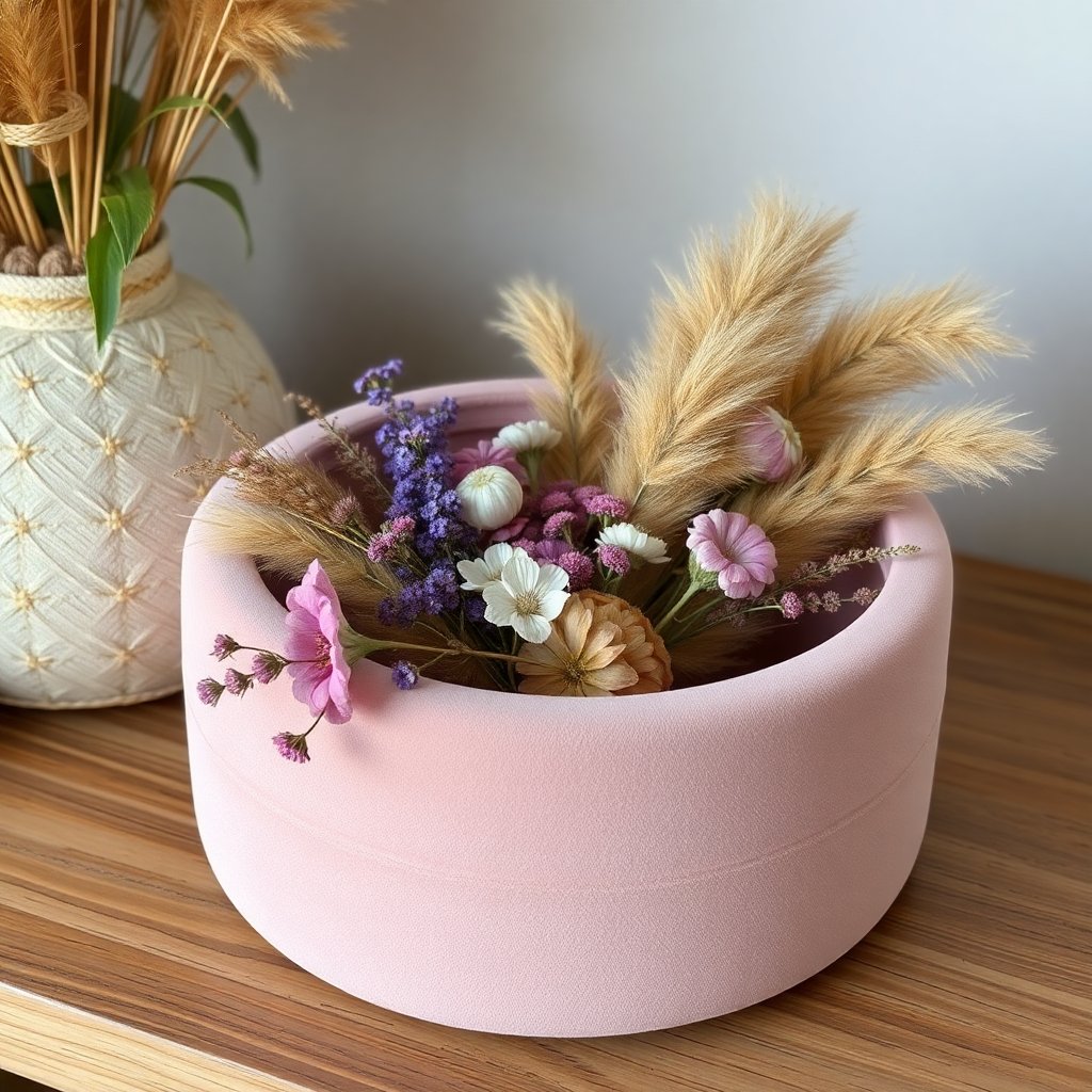 Velvet round box with dried flowers and pampas grass, boho chic interior decor